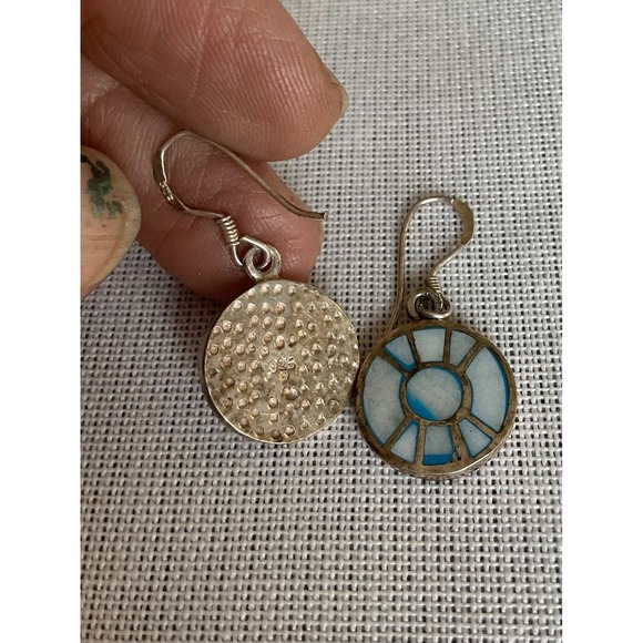 Vintage 925 Sterling Silver Gemstone inlay round circle dangle earrings Estate - Picture 3 of 5